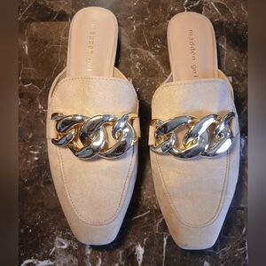 Madden Girl Tan Mules with Gold Chain